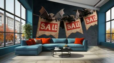 A whimsical scene featuring bats hanging on a string with sale tags for a Halloween-themed promotion. Wall mural