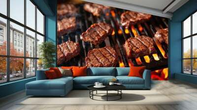 Artistic closeup of beef slices sizzling on a Korean BBQ grill Wall mural