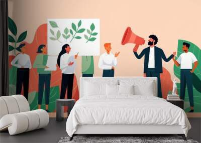 Environmental activists in a passionate debate, Activism, Vivid colors, Illustration, Emphasizing controversy and argument Wall mural