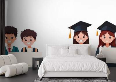 Happy students with motivational signs, ready for back to school, flat design vector illustration Wall mural