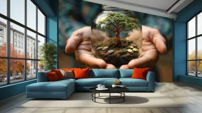 in a businessman's palms, a jar nurturing a flourishing tree with coin foliage, epitomizing wealth a Wall mural