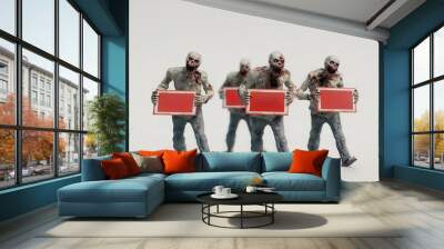 Zombie figurines promoting a sale with signs, combining horror and humor for unique marketing visuals. Wall mural