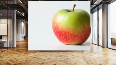 A close-up of a fresh apple with a vibrant red and green gradient on a clean white background, showcasing its natural texture and ripe condition. Wall mural