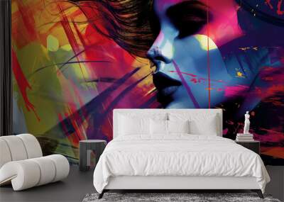 A close-up portrait of a woman with vibrant colors and abstract elements, creating a striking and artistic visual. Wall mural