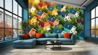 A colorful cluster of miniature houses with diverse rooftops and lush green surroundings Wall mural