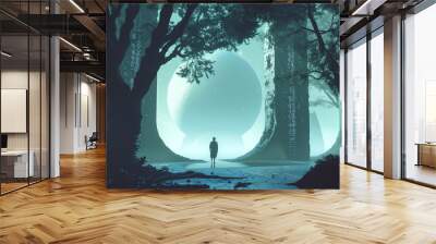 A lone figure stands in a surreal, futuristic forest with giant structures and soft blue light creating an otherworldly and contemplative ambiance Wall mural