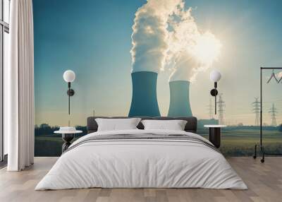 A nuclear power plant with two cooling towers emitting steam on a sunny day, with clear skies and a landscape of grassy fields and power lines in the distance. Wall mural