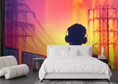 A silhouette of a man wearing headphones monitors data on screens with power lines and pylons in a vibrant, colorful background. Wall mural