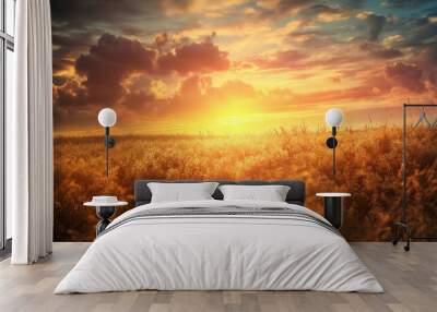 A vast field under a dramatic sunset sky with golden light and clouds creating a stunning natural landscape Wall mural