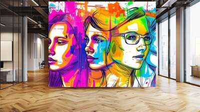 A vibrant abstract illustration portraying six diverse women with glasses in a colorful, artistic, and expressive style. Wall mural