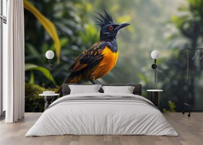 A vibrant orange and black bird with a striking red eye and crest perches on moss in a lush, green forest. Wall mural