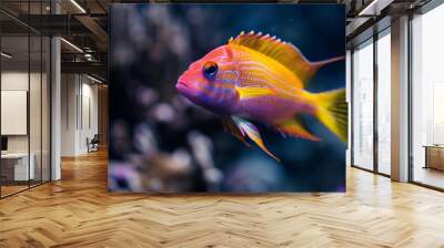 A vibrant orange and yellow tropical fish swims gracefully in the deep blue waters, surrounded by coral formations. Wall mural