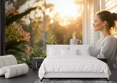 A young woman enjoys a peaceful morning on her porch, sipping a steaming cup of coffee with sunlight streaming through lush greenery. Wall mural