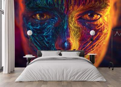 Abstract human face made of digital patterns, AI and cybersecurity theme, Wall mural