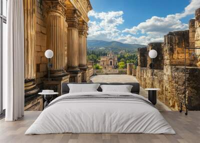 Ancient architectural ruins with stone columns overlook a distant city under a bright blue sky with clouds and mountains in the background. Wall mural