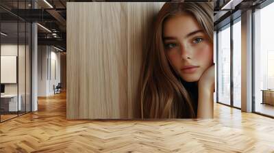 Beauty salon advertising featuring gorgeous young women with long hair leaning on an empty board, ready for your text   Wall mural