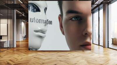 Close-up of a young Caucasian man and a futuristic robot face, illustrating the concept of automation and human-robot interaction. Wall mural