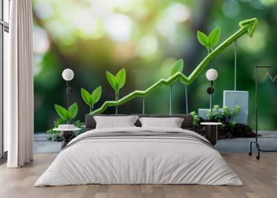 Conceptual image of a growing plant graph with upward arrow representing business growth in a green natural setting Wall mural