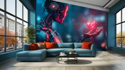 Cyborg with glowing red heart in hand, symbolizing artificial intelligence and emotion in a futuristic cityscape. Wall mural