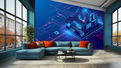 Digital house with blue and red circuit lines on a dark blue background Wall mural