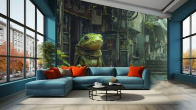 Fantasy scene of a large frog sitting in an overgrown, abandoned city street, creating a whimsical and surreal atmosphere Wall mural