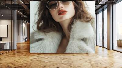 Fashionable young woman with wavy brunette hair, wearing sunglasses and a luxurious faux fur coat, exuding confidence and sophistication. Wall mural