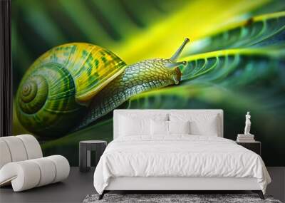 Green Snail Crawling on Leaf in Nature Wall mural