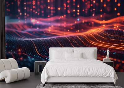 Illustration of data technology with a focus on connecting dots and lines on a dark background, creating an abstract 3D rendering. Wall mural