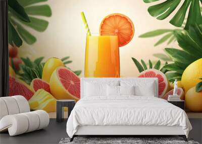 Illustration of fresh natural summer fruits and juice on a light background Wall mural