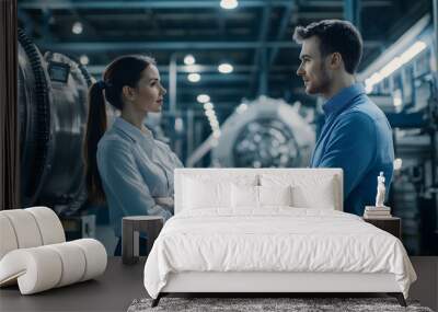 In a modern factory setting, a female project supervisor converses with a male industrial engineer as they inspect machinery and design improvements   Wall mural