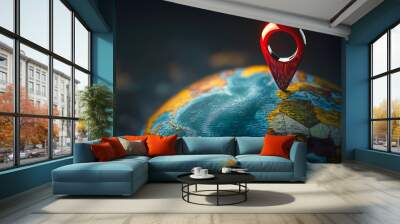 Location pin pointer on a 3D-rendered globe, symbolizing global business expansion and travel. Wall mural