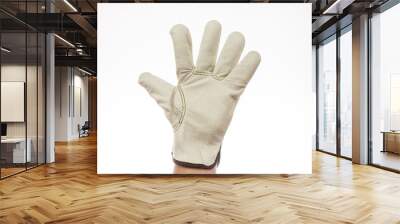 Palm with fingers out spread, white leather work glove waving. Wall mural