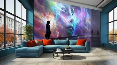 Person viewing large digital art display with vibrant colors and human profile immersive futuristic exhibit modern creativity Wall mural