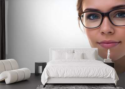 Portrait of a young female professional with glasses, exhibiting confidence and intelligence. The image features a light background and emphasizes her focused expression. Wall mural