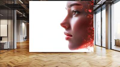 Profile of a young woman with fragmented red particles blending into her hair on a white background, depicting a creative and futuristic digital transformation concept. Wall mural