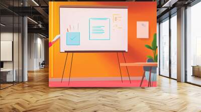 Smiling woman in a bright office giving a presentation with a whiteboard displaying documents. Wall mural