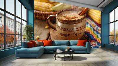 Steaming Hot Mexican Atole with Cinnamon Stick in Traditional Mug Wall mural