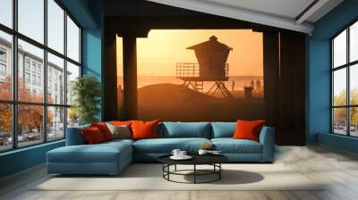 Sunset at Huntington Beach Pier Lifeguard Station 2 Wall mural