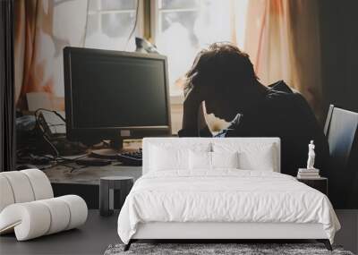 teen boy at desk silhouette computer monitor sad messy student Wall mural