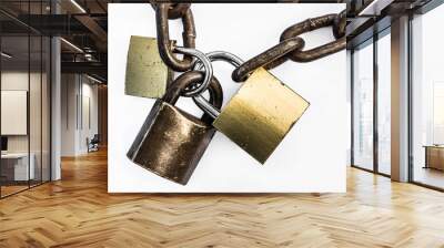 Triple lock, shared access, padlocked security isolated on a white background. Wall mural