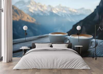 Two Cups of Coffee on a Wooden Table, Majestic Mountain View in the Background   Wall mural