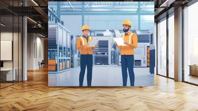 Two project managers standing in modern industrial factory, looking document in clipboard. Manufacturing facility with robotics, robotic arms and automation. Storing products and materials in Wall mural