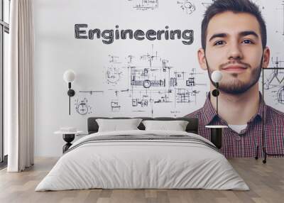 Young man standing confidently in front of engineering schematics, showcasing the intersection of modern technology and human creativity. Wall mural