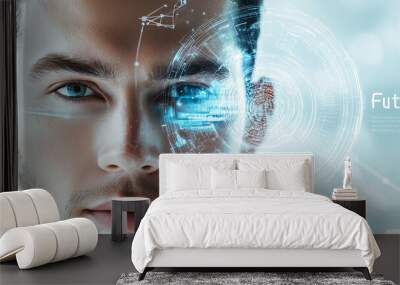 Young man with digital interface overlay on his face, representing futuristic technology and advanced personal data analysis. Wall mural