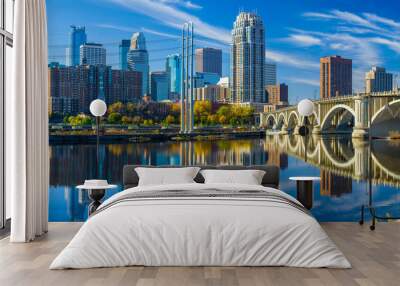 minneapolis skyline, 3rd avenue bridge, autumn Wall mural