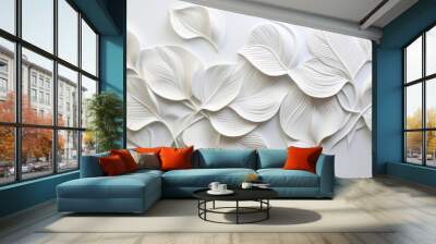 Leaves, embroidered in soft white. Delicate, artistic and nature-inspired design for fashion, decor and creative expressions. On textured canvas with a touch of botanical elegance. Wall mural