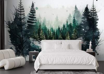 Winter snowy forest illustration. Watercolor pine and spruce trees landscape background. Evergreen woods. Wild nature in wintertime. Christmas card design. Generative AI Wall mural