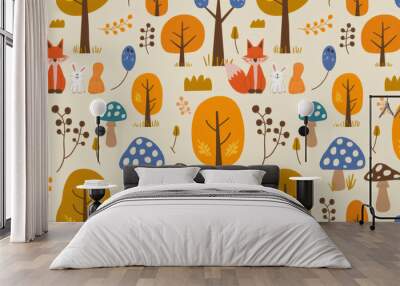 A whimsical pattern featuring autumnal colors, trees, mushrooms, a fox, a bunny, and birds, squirrels, deer, on a cream background. Wall mural