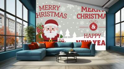 Christmas card set. Merry Christmas and Happy New Year greeting with cute santa claus with rose cheeks, cartoon style. . Wall mural