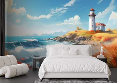 Coastal lighthouse watercolor illustrating a picturesque scene on a sunny day Wall mural